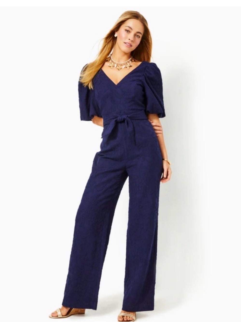 NWT $248 Lily Pulitzer Kirabelle Navy Blue Puff Sleeve V- Neck Jumpsuit Size 12